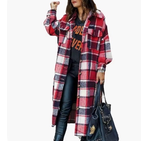 Tops - Red and Black Plaid Long Coat